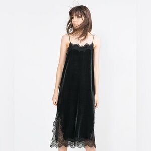 Zara velvet Black Lace Trim Slip Dress, Size Medium
